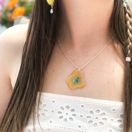 Yellow flower necklace with chrysocolla stone
