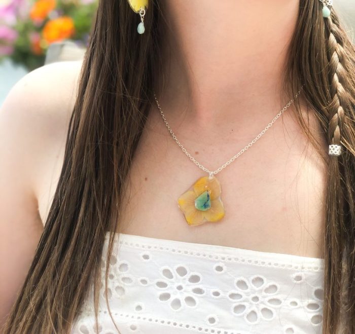 Yellow flower necklace with chrysocolla stone